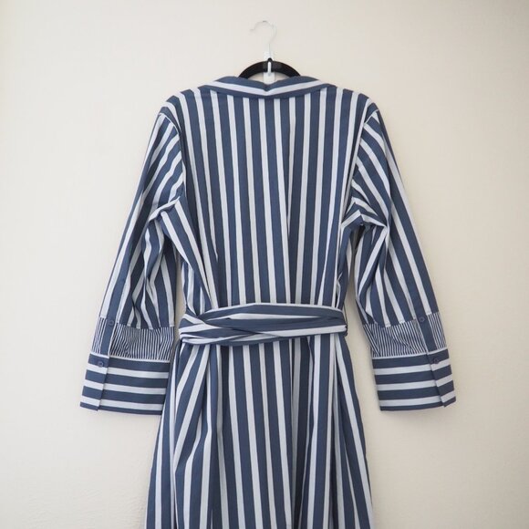 NWT Lafayette 148 Fabiola Twilight Dungaree Blue Stripe Long Sleeve Belted Dress - Picture 8 of 9